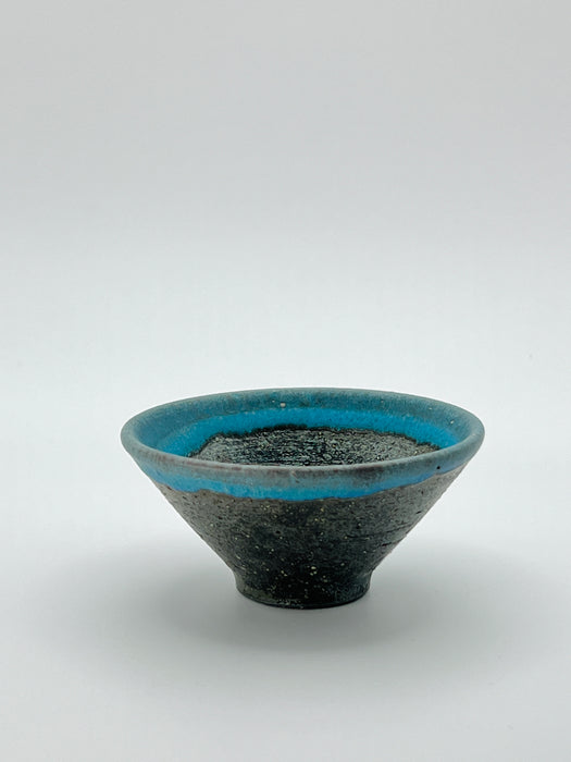 Handcrafted Sake Cup Charcoal Grey with Blue Edge